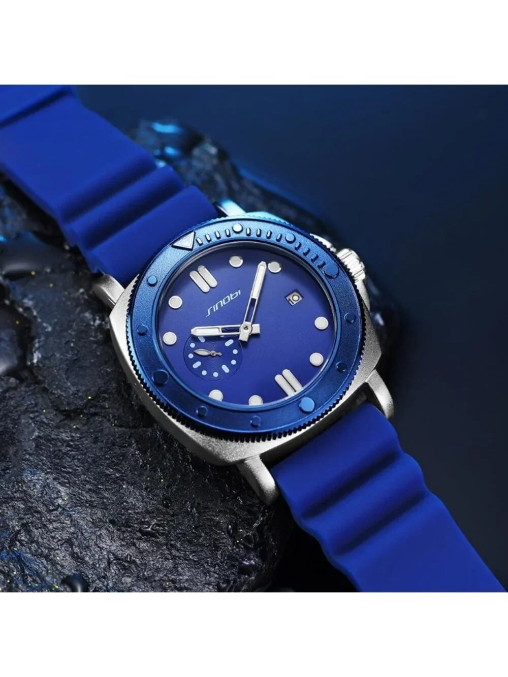 Men's Blue Analog Silicone Strap Water Resistant Rotating Bezel Wrist Watch